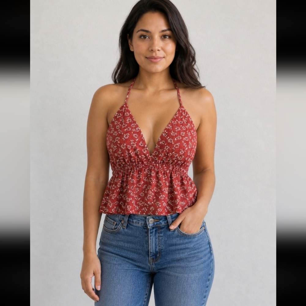 Floral Halter Peplum Exposed Back StringTie Elastic Top Small